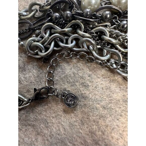 Stunning adjustable Vintage Black Silver Metal Faux Pearl Multichain Necklace 18 - Picture 5 of 8